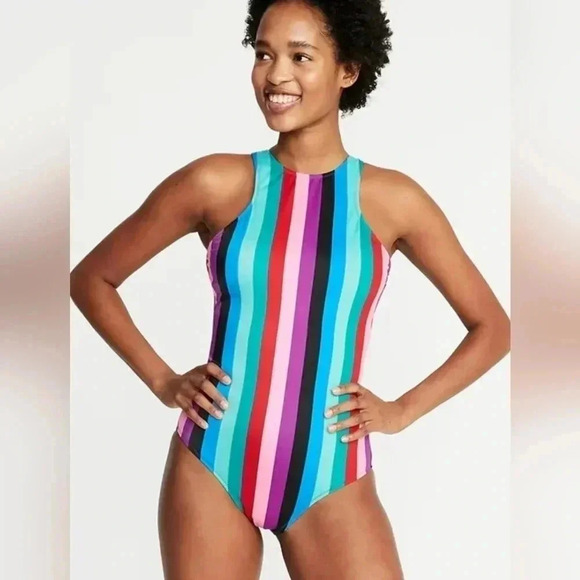 Old Navy Women’s NWT Size L Multi Stripe One Piece‎ Tie Back Soft Cup Swimsuit - Picture 1 of 8